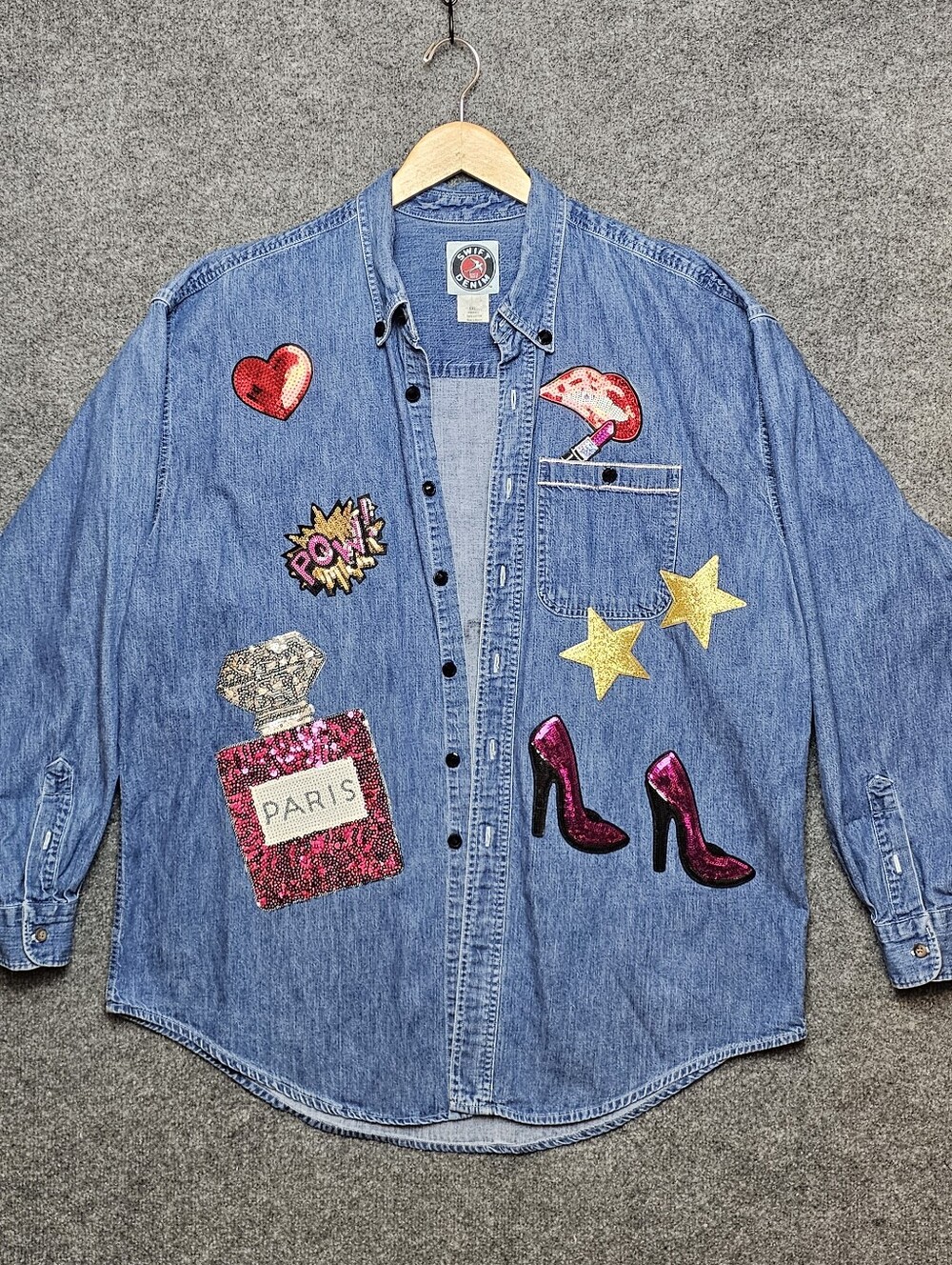 VINTAGE Swift Denim Custom Patchwork Shirt Layering Light Wash Distressed XXL